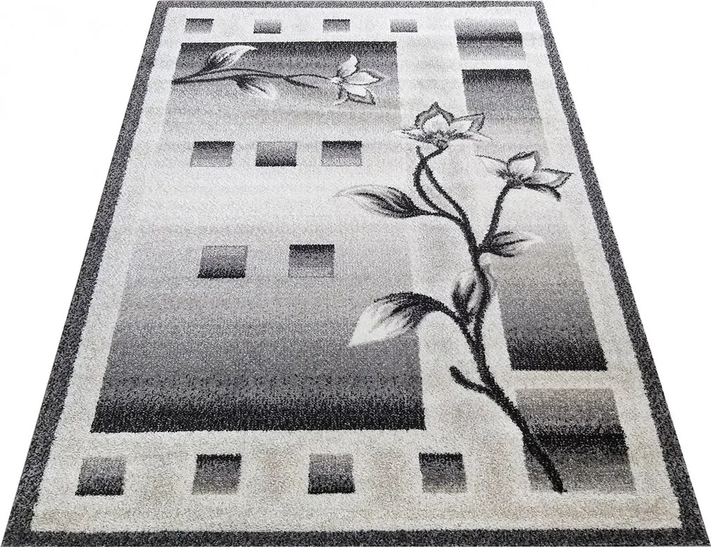 Szary prostokątny dywan w kwiaty P9-B24