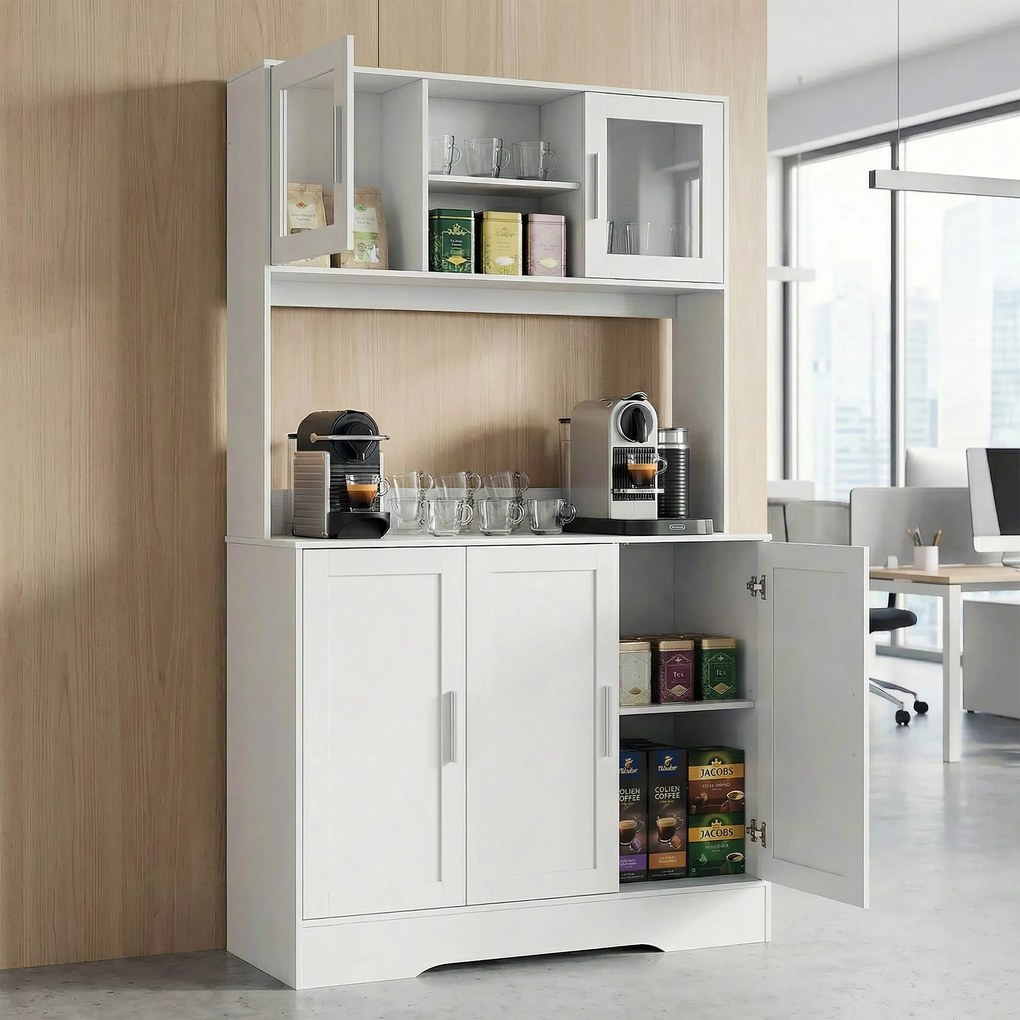 HOMCOM Szafka kuchenna, Design skandynawski, 4 szafki, Regulowane półki, Drzwi ze szkła, Otwarta przestrzeń, Płyta wiórowa, MDF, Biały