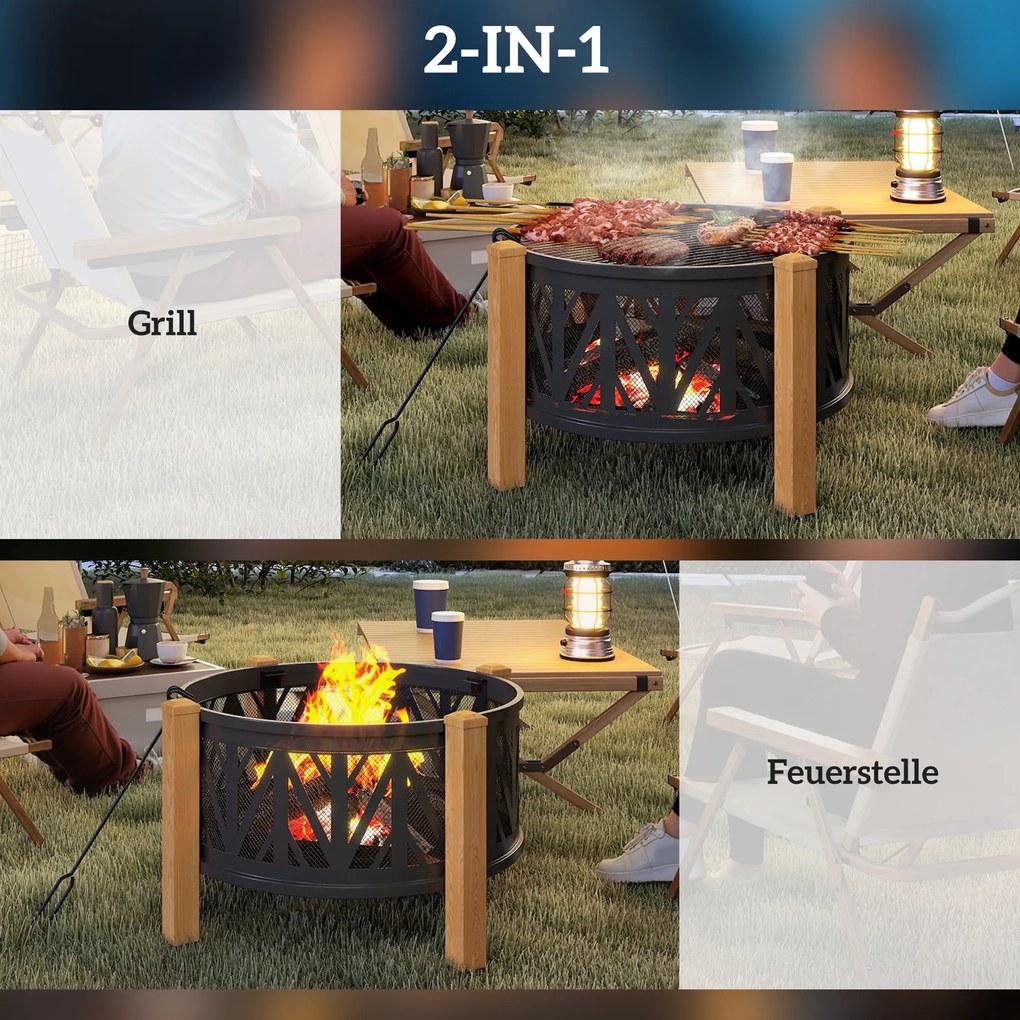 Outsunny 2-w-1 Misa Ogniowa Ø75 x 58 cm Palenisko z Osłoną Funkcyjną Hak do Palenia Kratka do Grilla Czarny