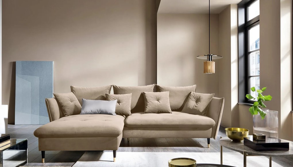 Beżowy welurowy narożnik rozkładany D5-C21