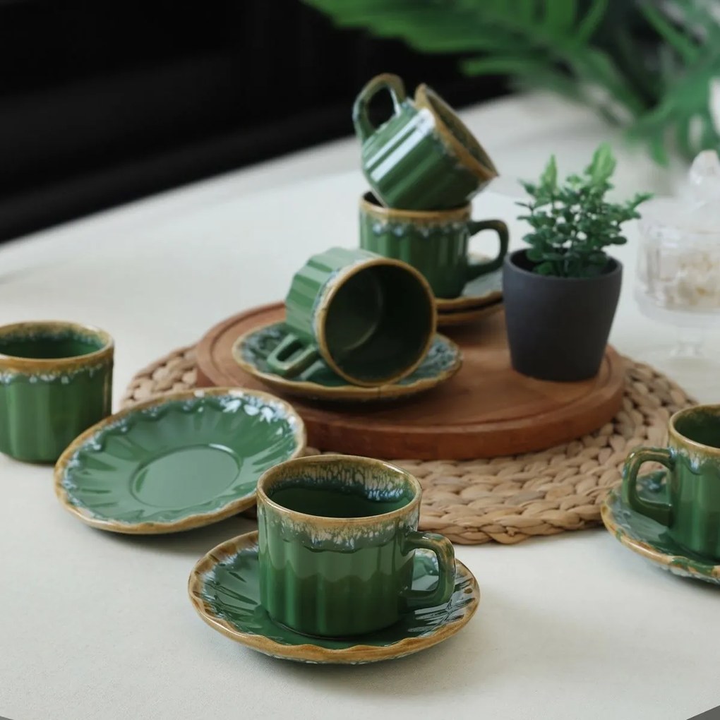 Zestaw 6 filiżanek ceramicznych ze spodkami Elementa 185 ml, zielony