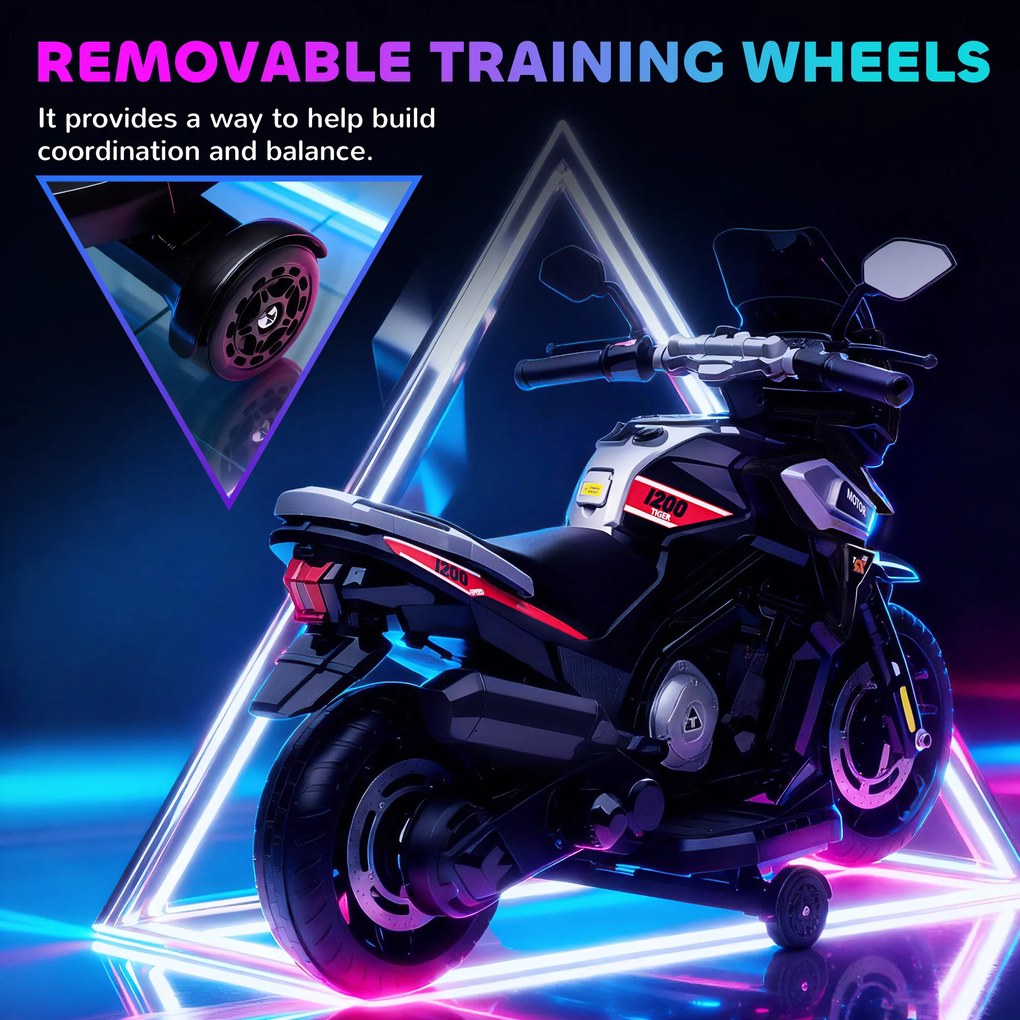 AIYAPLAY Elektryczny motocykl dla dzieci 18-36 miesięcy, pojazd do siadania, kółka pomocnicze, światła, muzyka, tworzywo sztuczne, stal, Schwarz