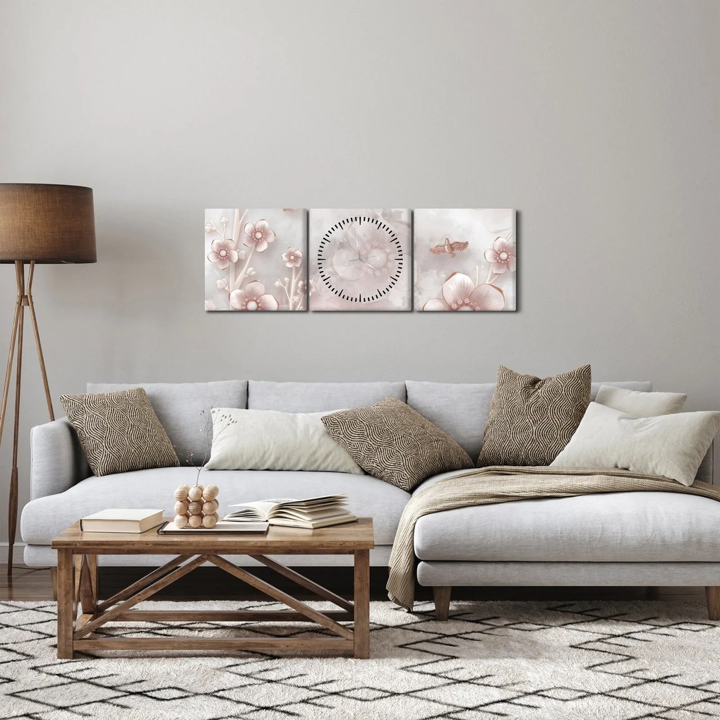 Obraz - Różowe kwiaty (z zegarem) (90x30 cm)
