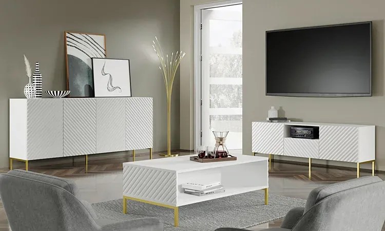 Długa komoda 200 cm biały mat + złote nóżki - Resa 4X