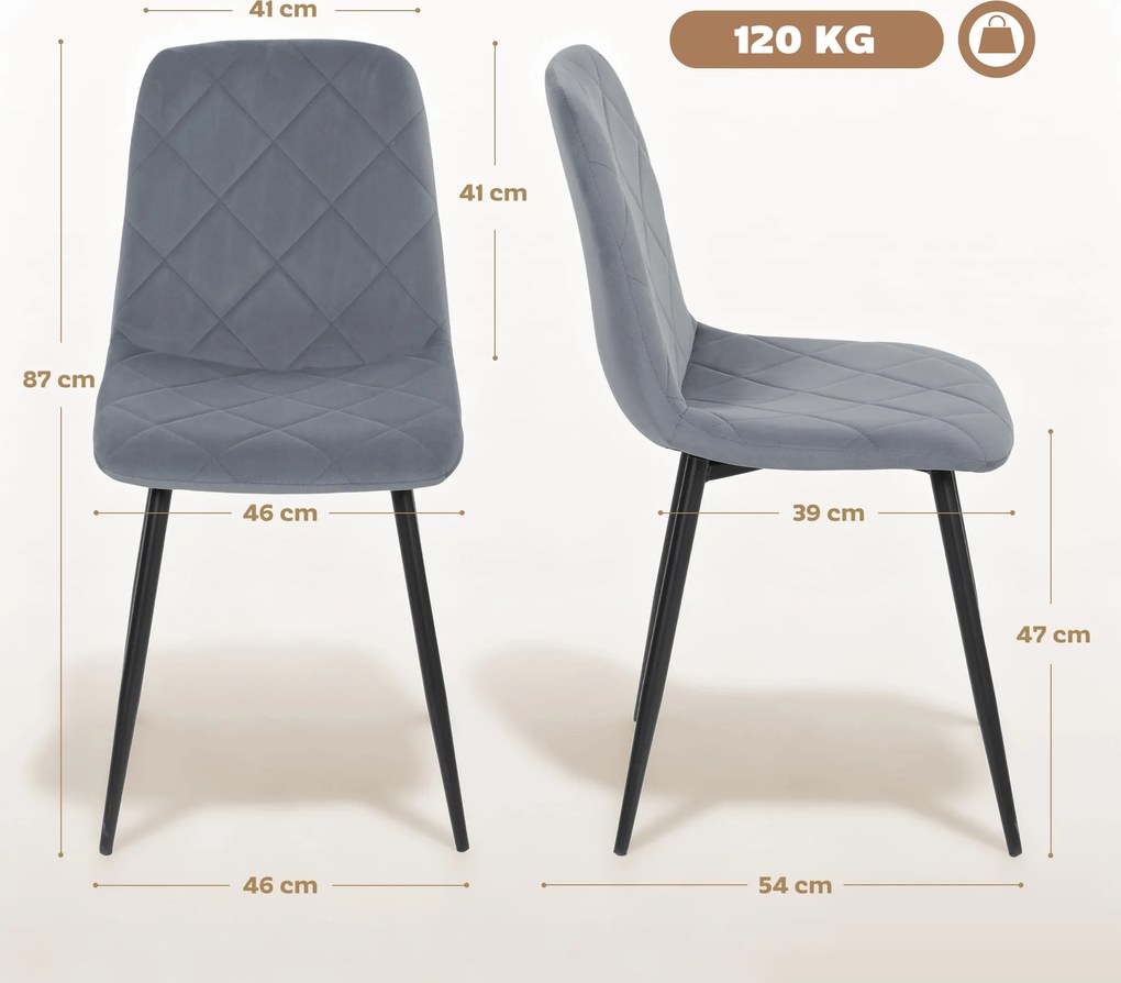 HOMCOM Krzesła jadalniane, zestaw 4 sztuk z oparciem, aksamitny styl, wyściełane krzesła z metalowymi nogami do stołu jadalnianego, szare