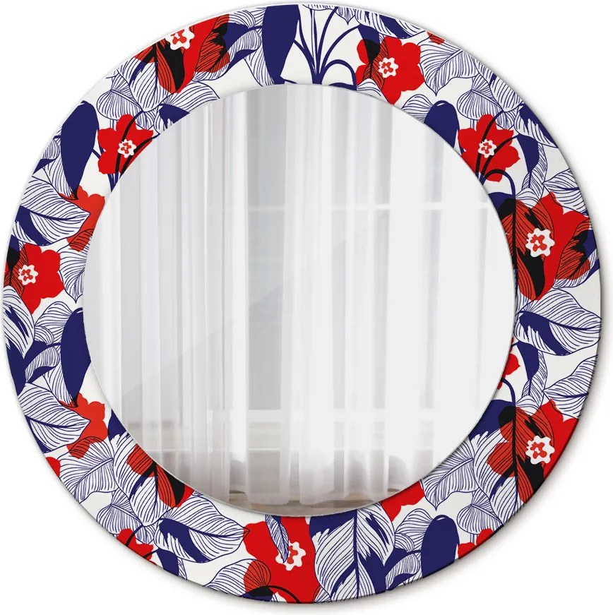 Lustro dekoracyjne okrągłe Filodendron i czerwone kwiaty