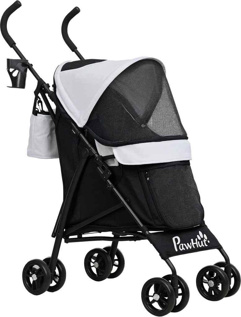 PawHut Wózek dla Zwierząt Domyślny z Smyczami Bezpieczeństwa i Oknami z Siatki, 76L x 44S x 103W cm, Jasnoszary