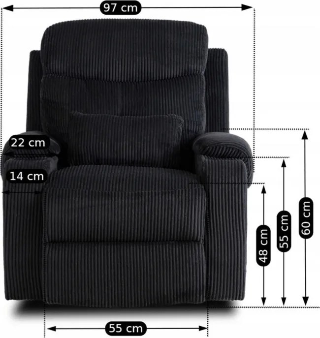 Fotel Rozkładany z Podnóżkiem TORRES Czarny Sztruksowy Nowoczesny