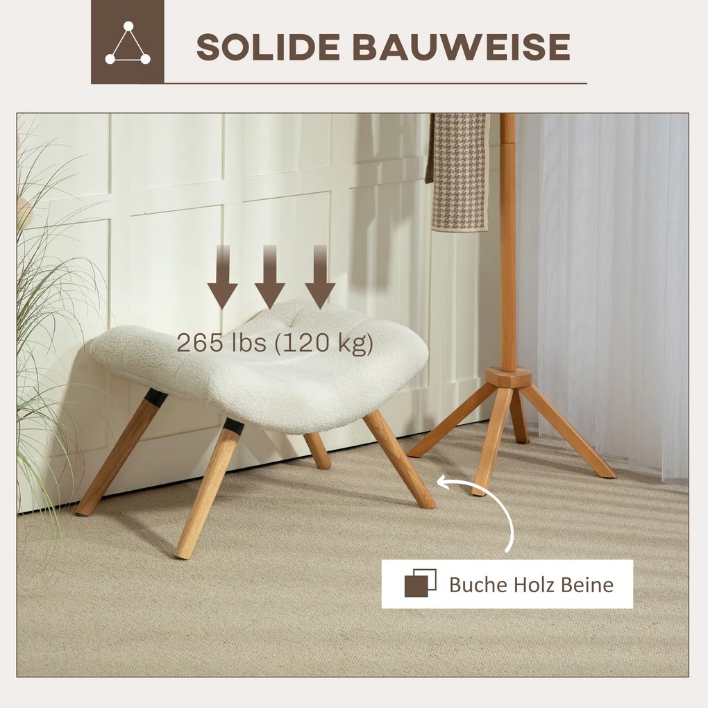 HOMCOM Nowoczesna stopka z drewnianymi nogami i pokryciem z fleece, tapicerowana, do salonu, sypialni, przedpokoju, Kremowobiały