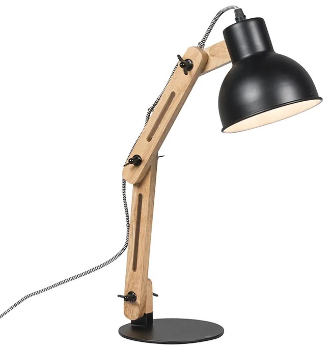 Industrialna lampa stołowa czarna z drewnem - Woodi Nowoczesny Oswietlenie wewnetrzne