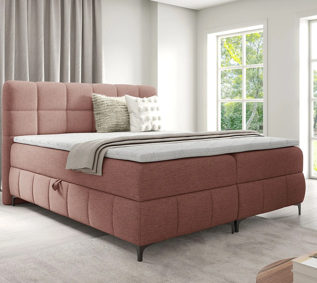 Jasnoróżowe łóżko tapicerowane z pojemnikiem 5 rozmiarów K5-P95