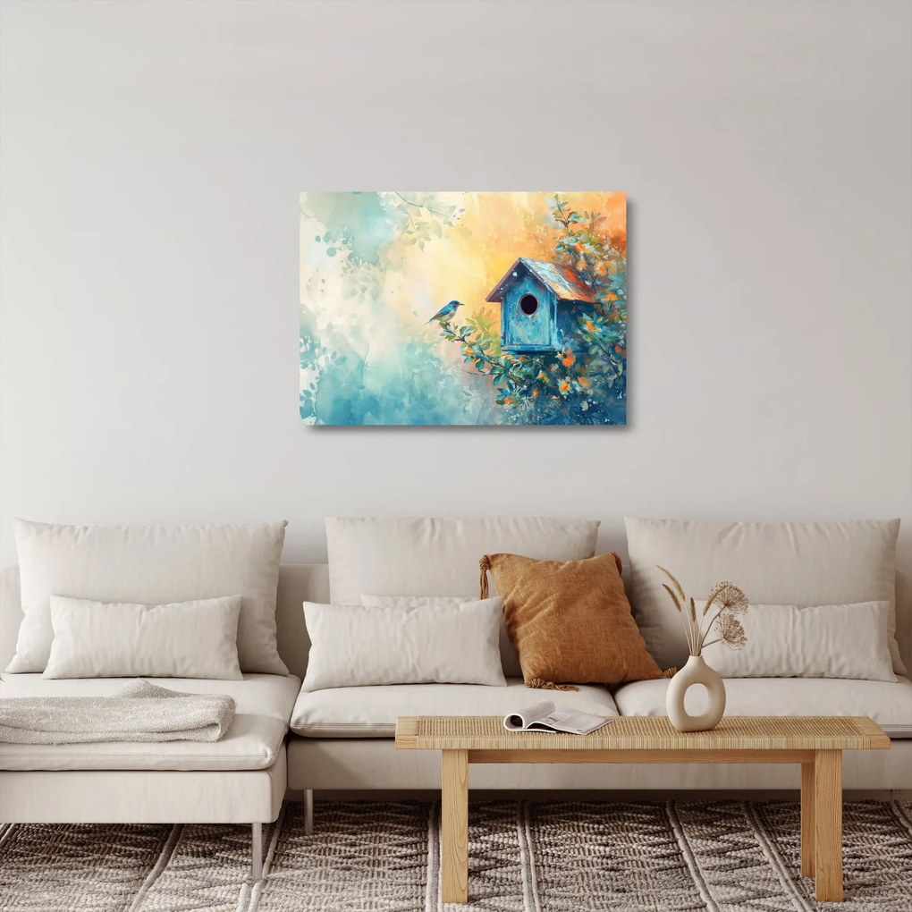 Obraz na szkle - Domek dla ptaków, akwarela (70x50 cm)