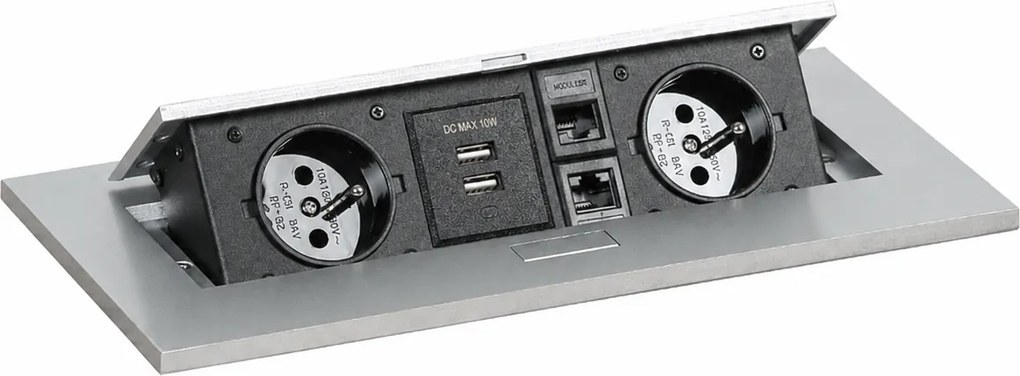Port blatowy - wpuszczany, 2 gniazda, 2x USB-A, 2x RJ45 port, srebrny