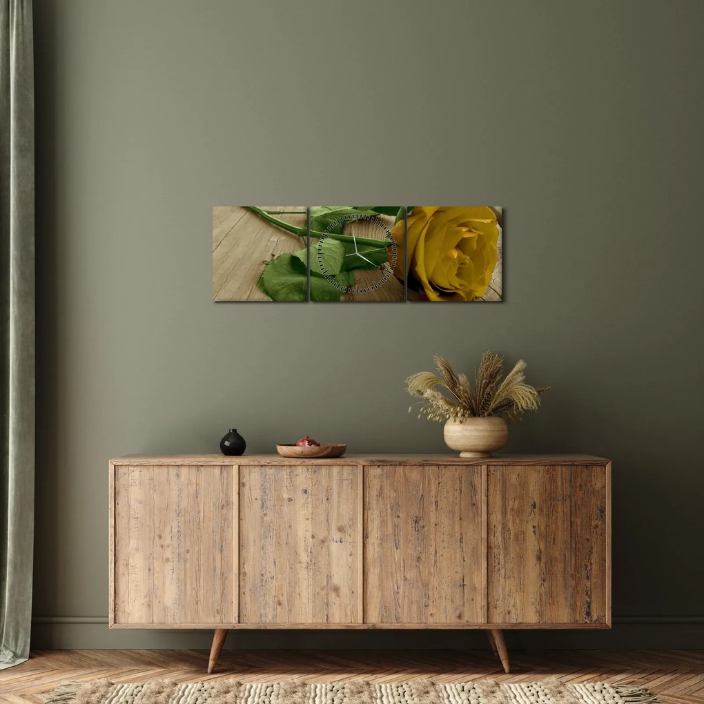 Obraz - Żółte róże w stylu vintage (z zegarem) (90x30 cm)