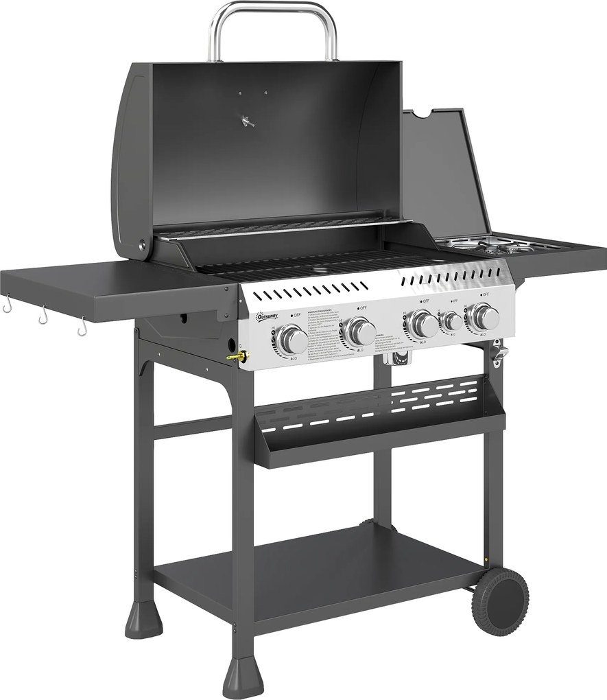 Outsunny Grill Gazowy BBQ, 4 Główne Palniki, 1 Boczny Palnik, 1 Płyta Do Podgrzewania; 135 x 55 x 103 cm, Czarny