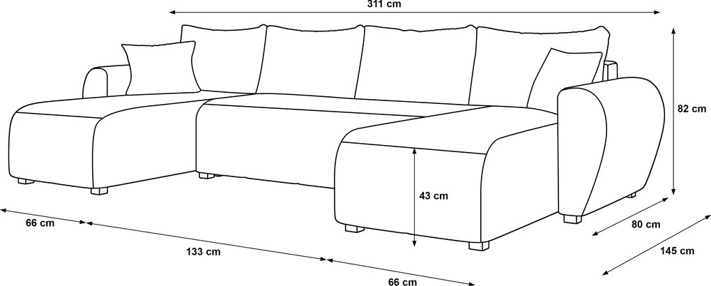 Rozkładana obustronna sofa w kształcie U SEVIO 311x145 cm, szara + 2 poduszki GRATIS