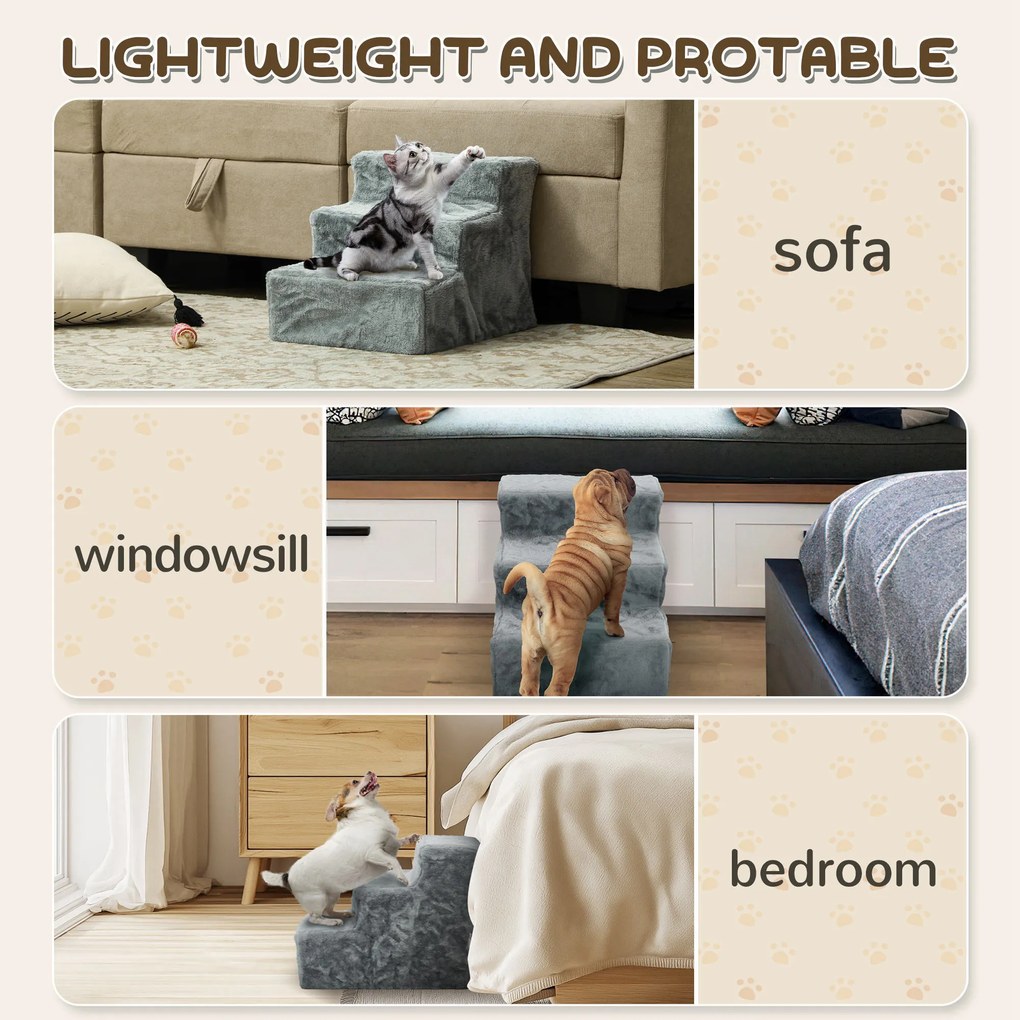 PawHut Składana drabinka dla zwierząt, 3 stopnie, pokrywa z pluszu do prania, płyta wiórowa, 46 x 35 x 35 cm, Jasnoszary