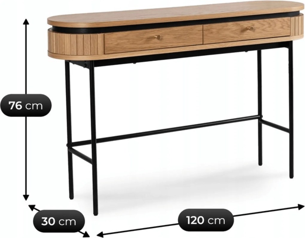 Owalna konsola z szufladami i ryflowanymi wstawkami Beck, dąb