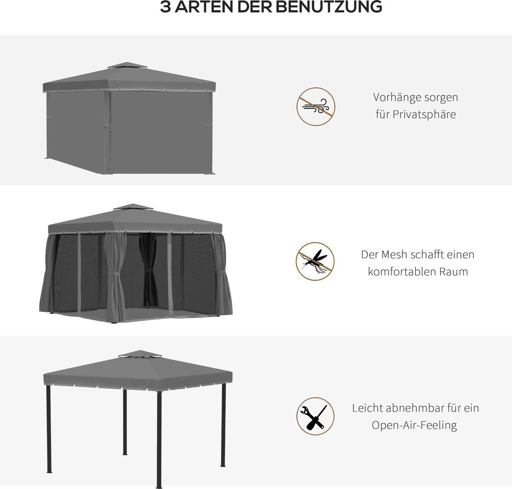 Pawilon ogrodowy Outsunny 3 x 3 m z podwójną moskitierą dachową, aluminium, ciemnoszary