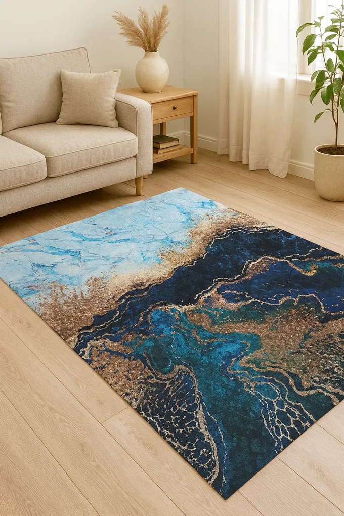 Prostokątny niebieski dywan z krótkim włosiem E6-D41