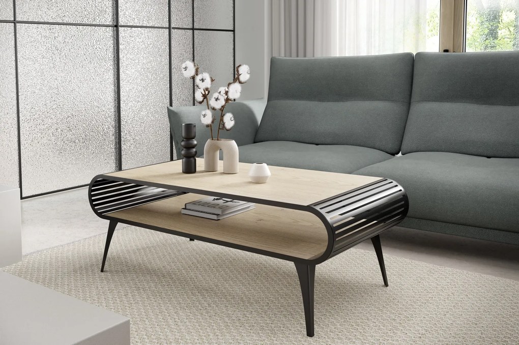 Loftowy stolik kawowy Aristo z ażurowymi bokami i półką