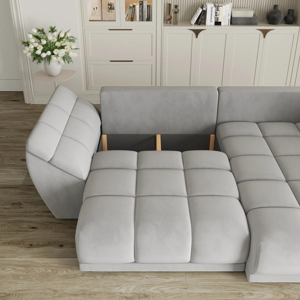 Masseno Narożnik ORENTI z funkcją spania i pojemnikiem na pościel Narozniki L, Rozkładana sofa - Jasnoszary, MATT VELVET 83