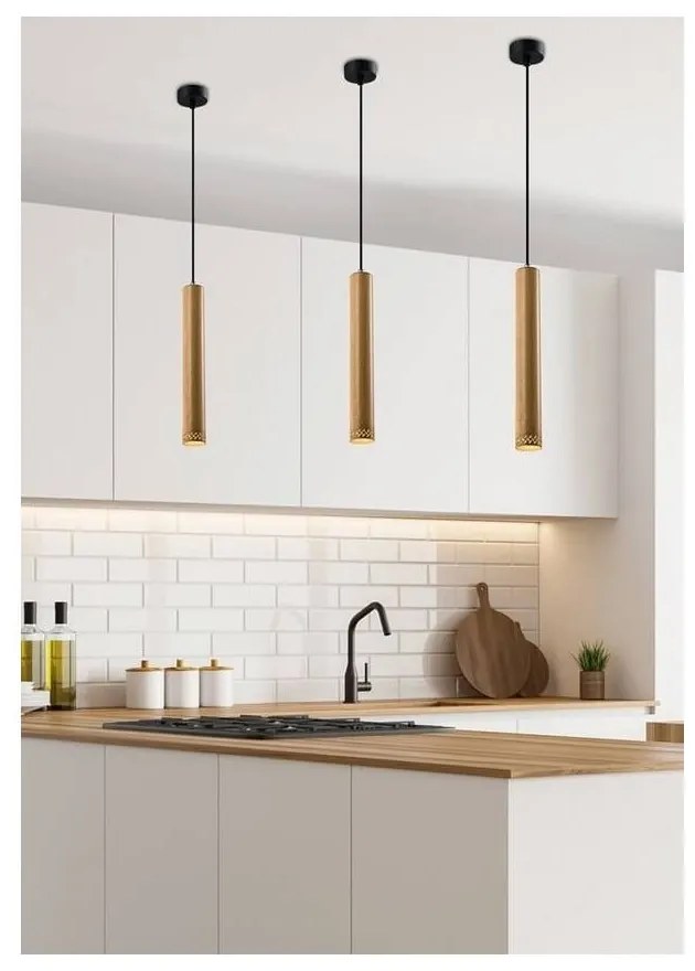 Czarna lampa wisząca z drewnianym kloszem ø 7 cm Tubo – Candellux Lighting