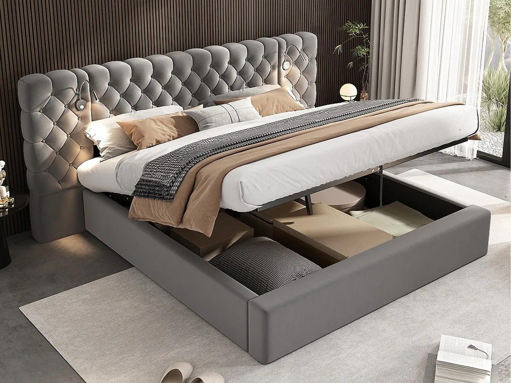 Łóżko z tapicerowanym zagłówkiem 160x200 cm z weluru - z lampką do czytania i stelażem na listwy - Szare
