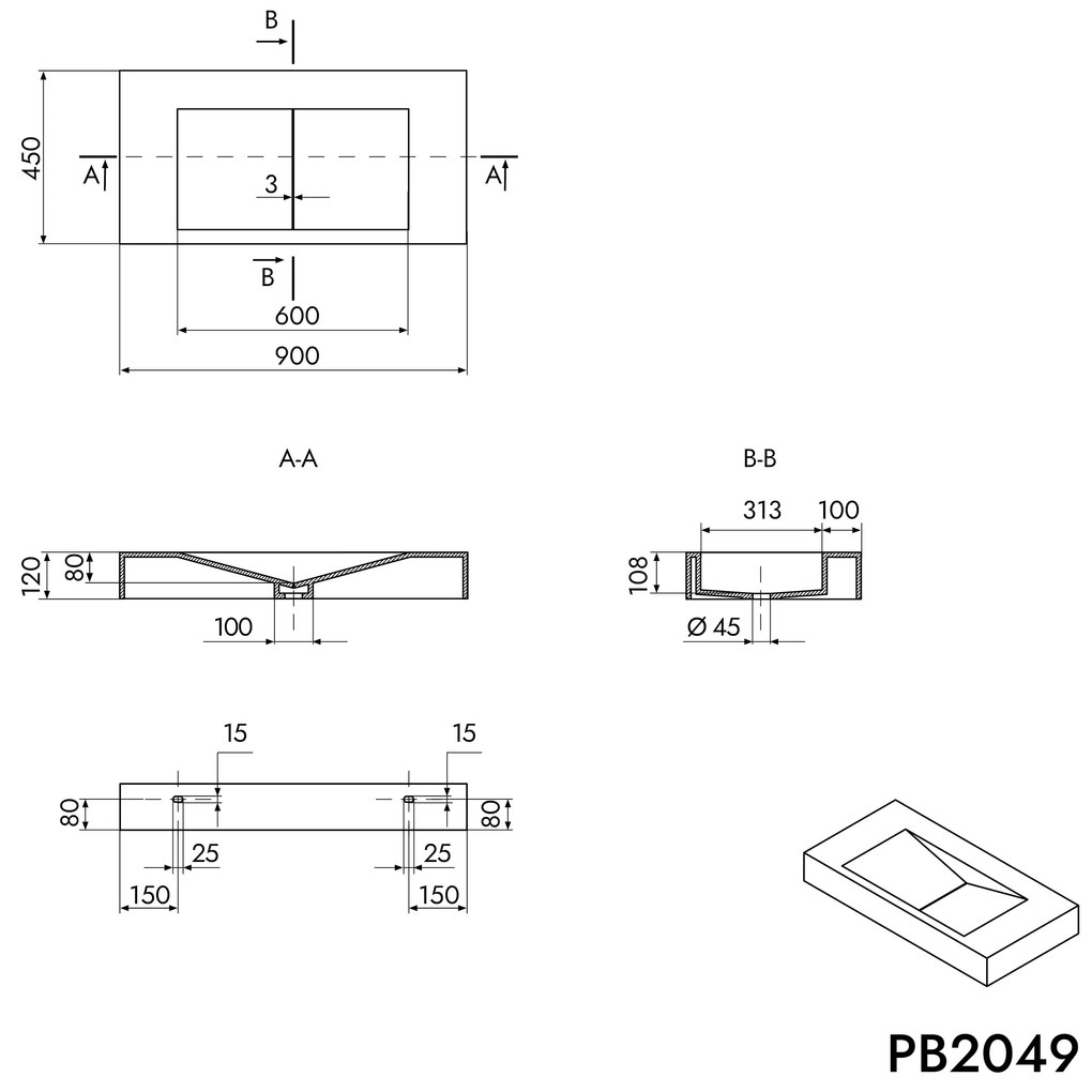 Umywalka ścienna PB2049 z odlewu mineralnegoBiały mat - 90 x 45 x 12 cm