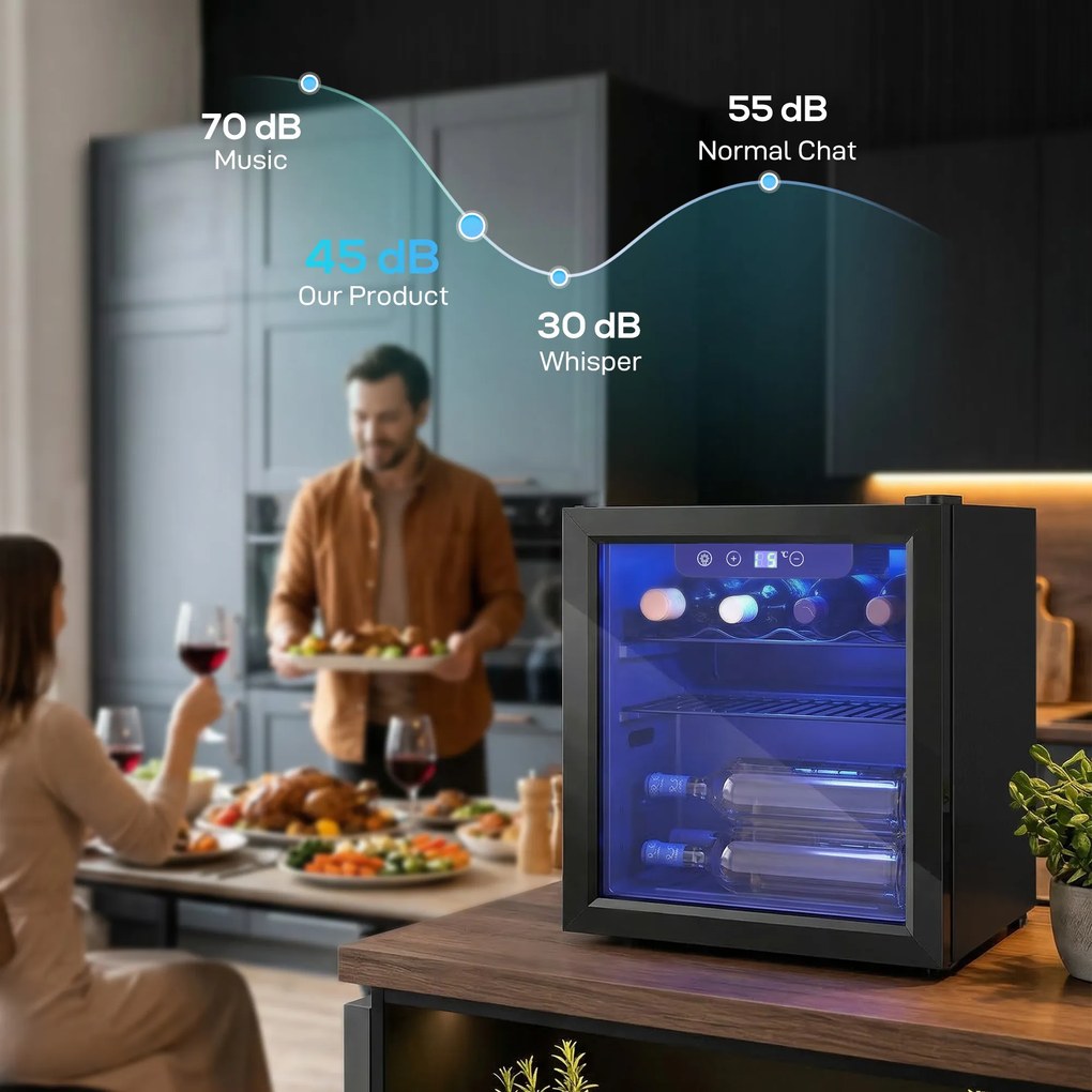 HOMCOM Chłodziarka na 12 butelek, 36 litrów, Zakres Temperatur 4-16°C, Mała Lodówka na Napoje i Piwo z Szklanymi Drzwiami i Oświetleniem LED | Aosom PL