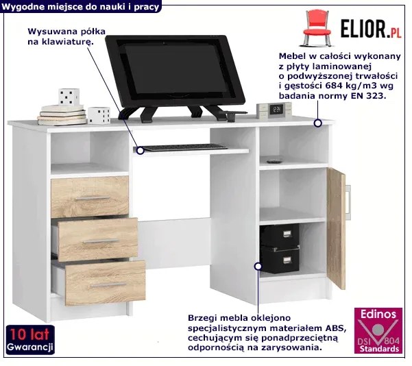 Biurko skandynawskie białe + dąb sonoma K7-W65