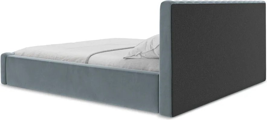 Jasnoniebieskie tapicerowane łóżko dwuosobowe ze schowkiem ze stelażem 140x200 cm Lemi – Makamii