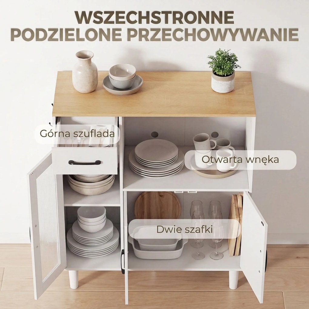 HOMCOM Kredens kuchenny z szufladą, 2 szafkami, otwartą półką, prążkowanymi drzwiami z akrylu 80 x 34 x 91 cm Biały + Dąb | Aosom PL