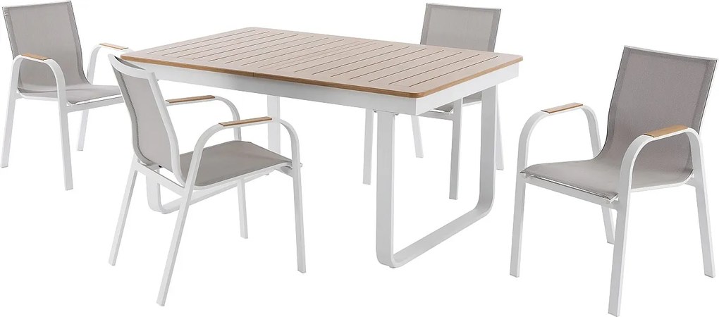 Zestaw mebli ogrodowych z aluminium: rozkładany stół aluminiowy dł. 155/246 cm i 4 fotele - Jasny naturalny i biały - SERUNO od MYLIA