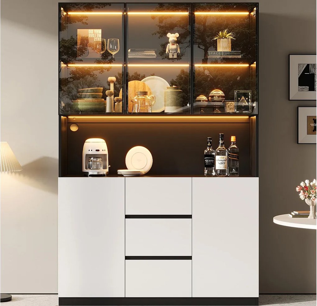 Witryna z oświetleniem LED - 120×40×200 cm - 3 szuflady i 5 drzwi - Otwarte półki - MDF + szkło - Biały+czarny
