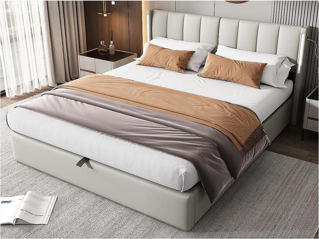 Łóżko z tapicerowanym zagłówkiem z ekoskóry - 180x200cm - z portem USB i LED - zagłówek z regulowanym kątem - Szary