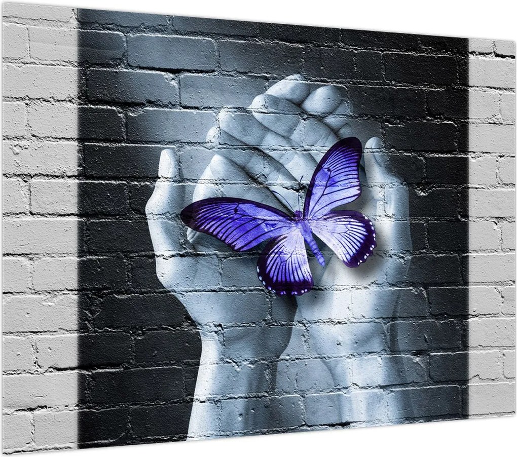 Obraz - Fioletowy motyl na ścianie (70x50 cm)