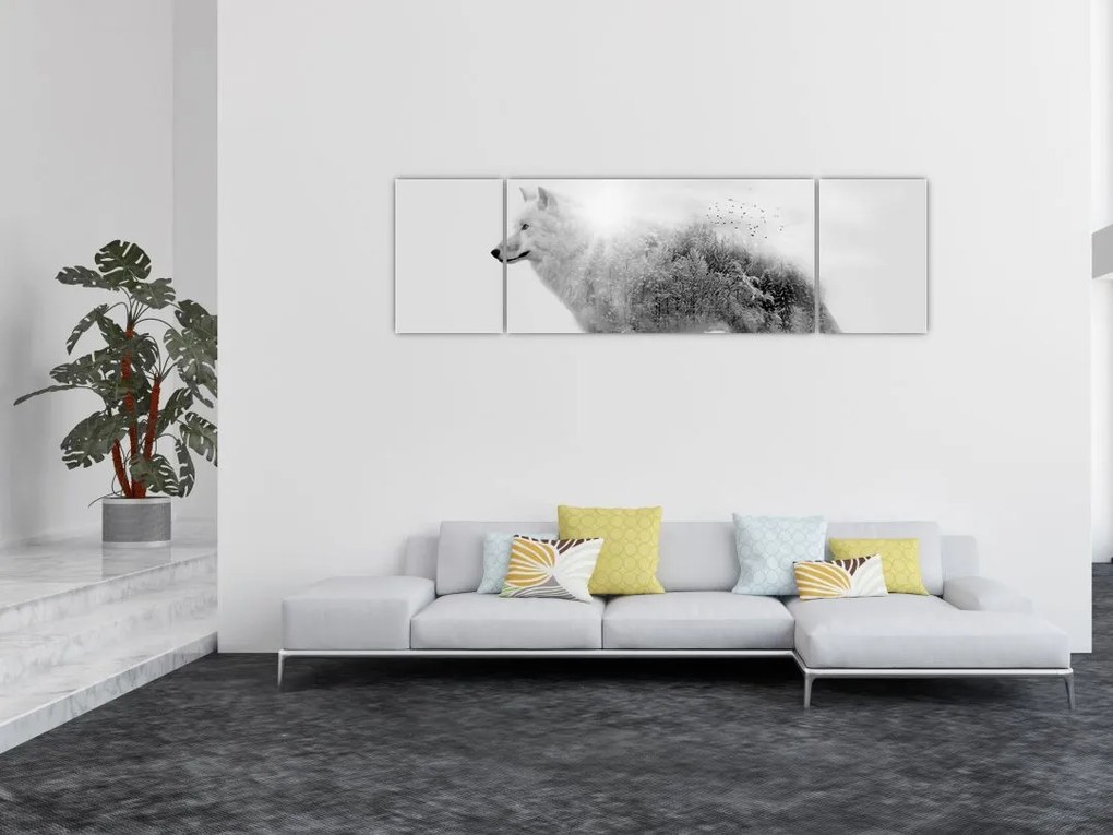 Obraz - Wilk arktyczny odzwierciedla dziki krajobraz (170x50 cm)