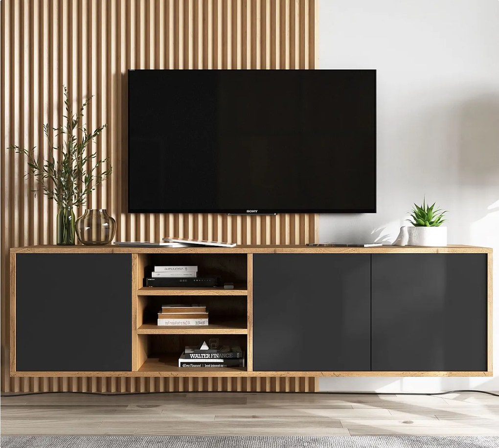 Szafka RTV NILA 2 150 dąb wotan/czarna mat