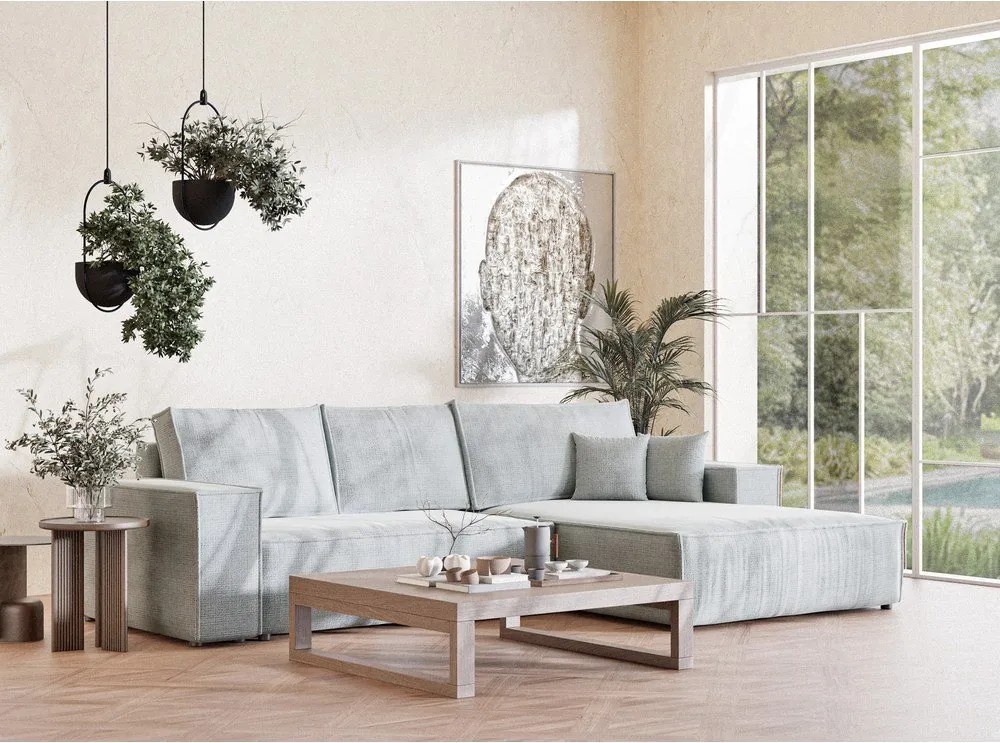 Jasnoszary rozkładany narożnik ze schowkiem z tkaniny szenilowej (prawostronny/z szezlongiem) Maze – Maison de Rêve