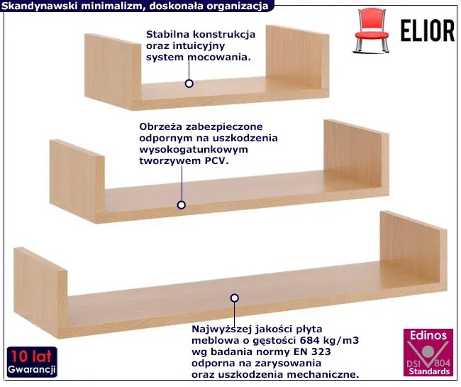 Zestaw 3 Półek Ściennych W Kolorze Buk P0-T91