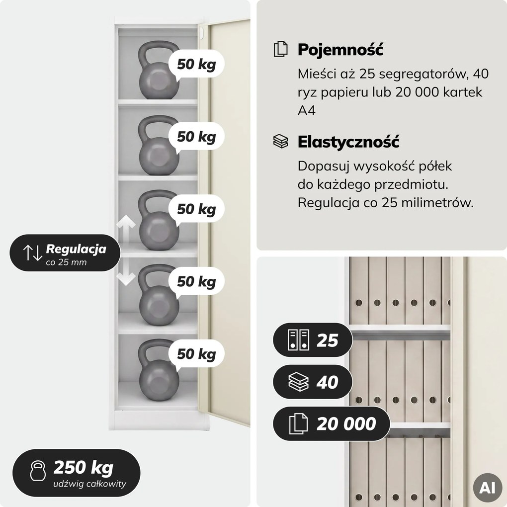 Szafa biurowa metalowa na akta biała/dąb sonoma, 450x1850x400 mm: ALEX Eco Design