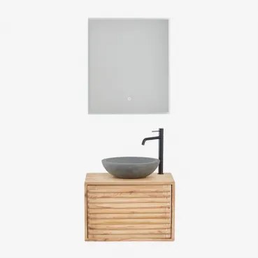 Zestaw Wiszących Mebli Łazienkowych 60x45 Cm Z Drewna Deleyna Naturalna & Okrągły Szary Cement Ø40 Cm Tarsis & Prostokątna Lampa Led I Przeciwmgielna