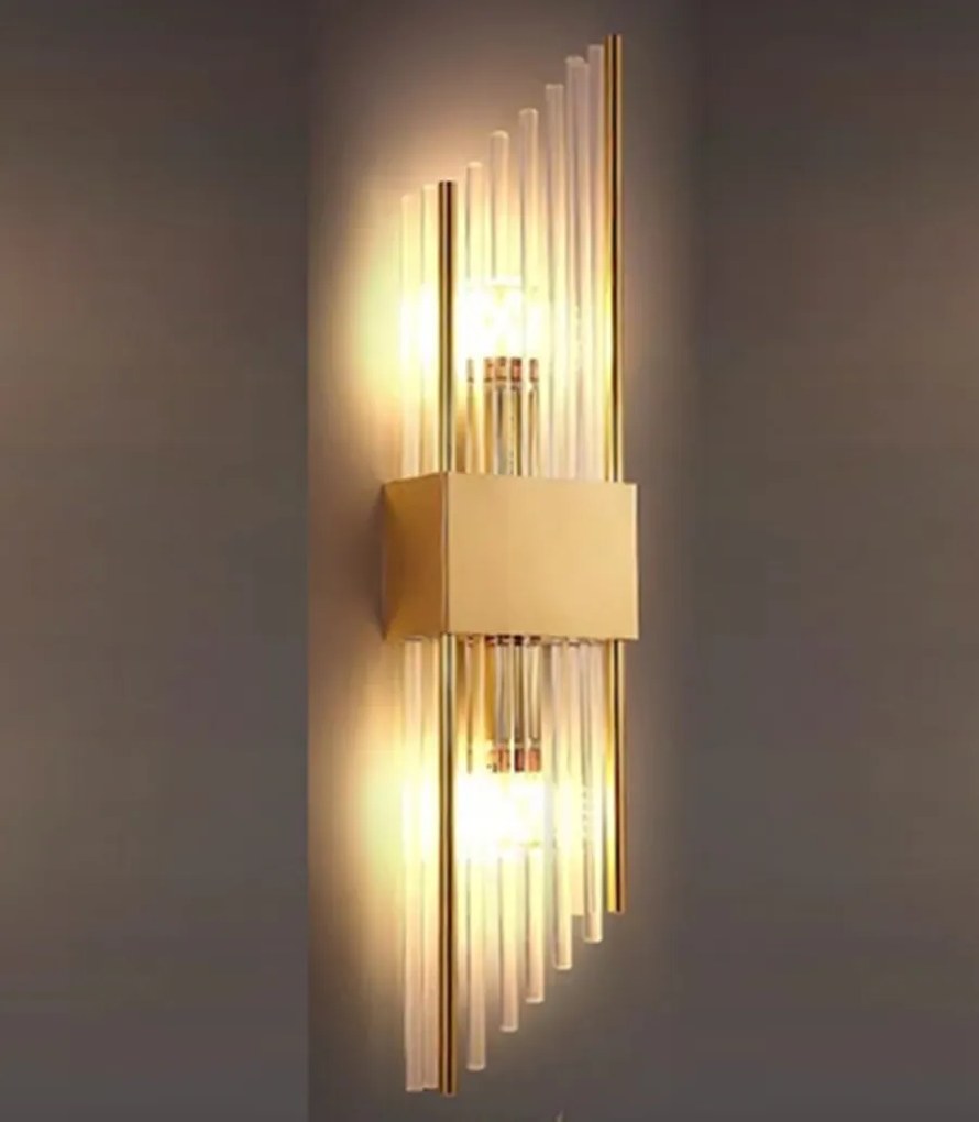 Shine złoty kinkiet kryształowy 35 cm, mały elegancki kinkiet do sypialni i salonu