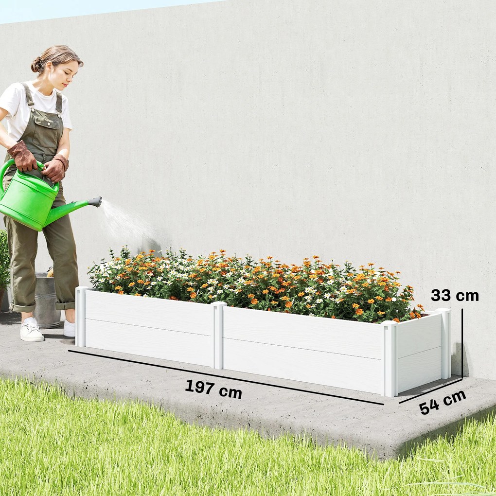 Outsunny Podwyższona Grządka z Tworzywa Sztucznego, Łatwa w Montażu DIY, 197 x 54 x 33 cm, Biała | Aosom PL
