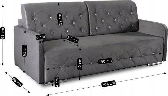 Sofa Rozkładana z Funkcją Spania VIVO Dwuosobowa Szara Glamour do Salonu