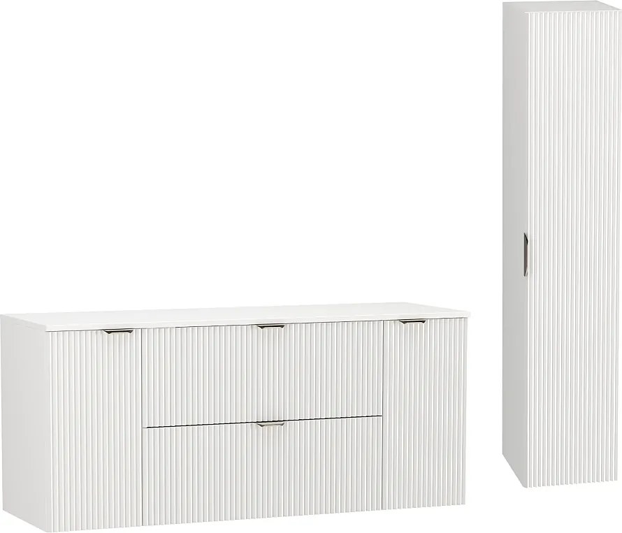 Biały Zestaw do Łazienki 140cm Szafka Blat Słupek Ryflowane Fronty