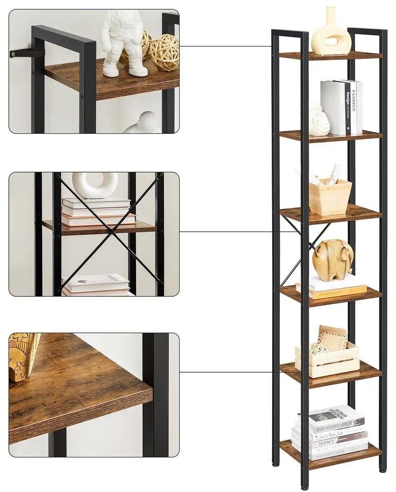 SongmicsHome Regał na książki NOEL, 40x30x187,5 cm, czarny/brązowy