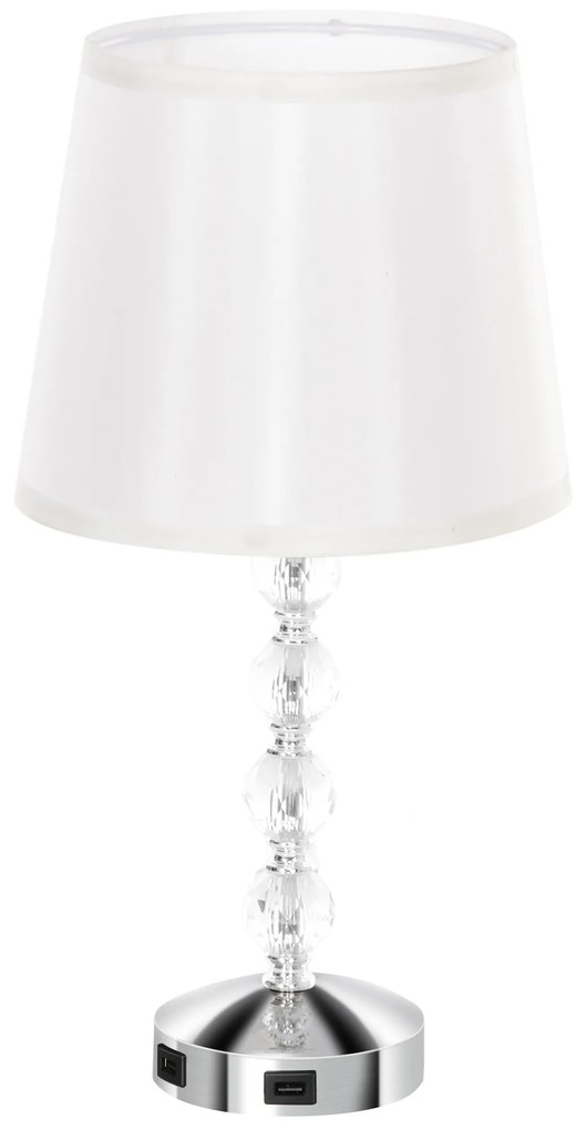 HOMCOM Kristalowa Lampka Stołowa, Dotykowy Przełącznik, Port USB, Ø23x45 cm, Srebrny