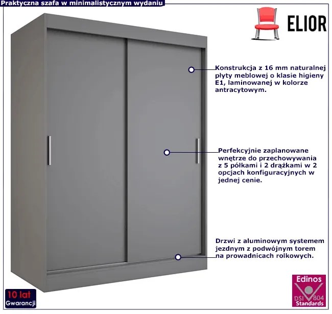 Antracytowa szafa przesuwna 150 cm - Erco 4X